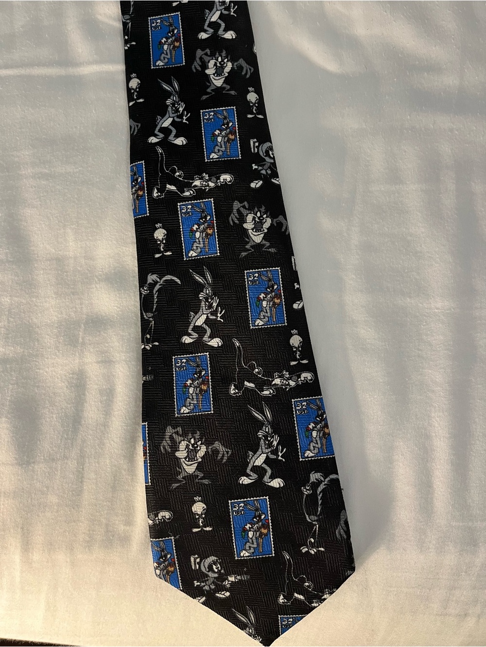 Novelty Bugs Bunny Black Tie with Blue Stamp Motif